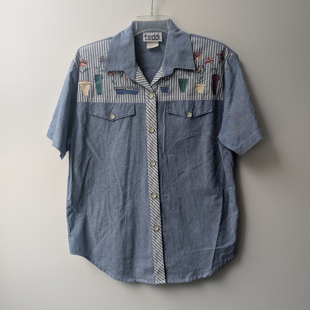 Vtg 90s Button Up Shirt Blue Floral Embroidered Striped Yoke Sz L Cottagecore